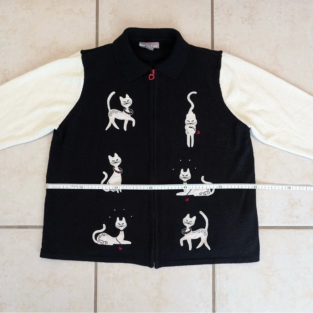 90s Vintage Tanjay Cat Grandma Sweater Size XL Heart Shaped Zipper Black & White - Picture 7 of 16